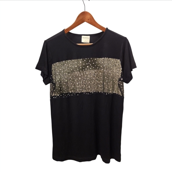 ORTTU | Star Mesh Panel Crew Neck T-Shirt in Black ~ Size Large - Picture 1 of 5